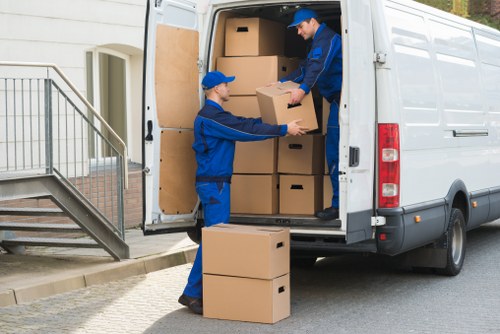 Office furniture and business equipment prepared for a move